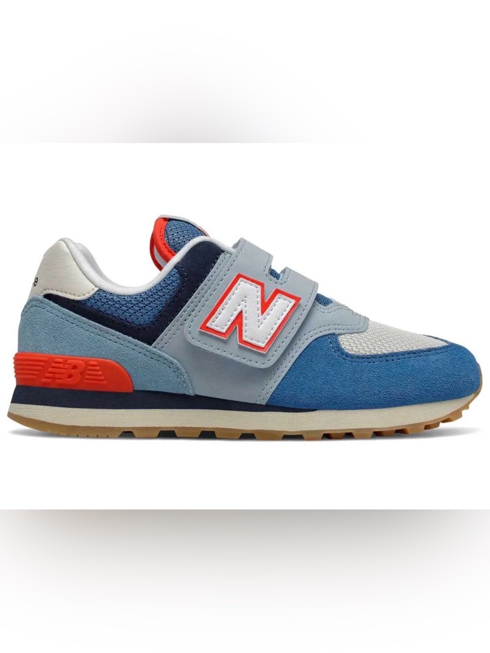 EUC New Balance Kids 574 Blue, Gray & Red Velcro Sneaker